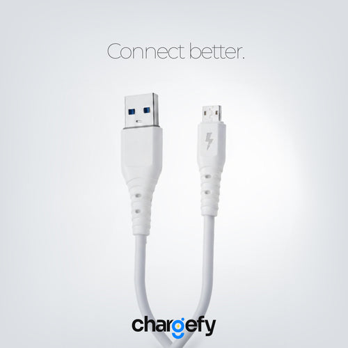 White USB cable with connectors on a light gray background, featuring the 'chargefy' brand.