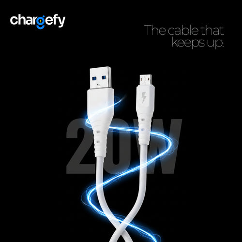 White USB cable with lightning connector on a black background, featuring the Chargefy brand.