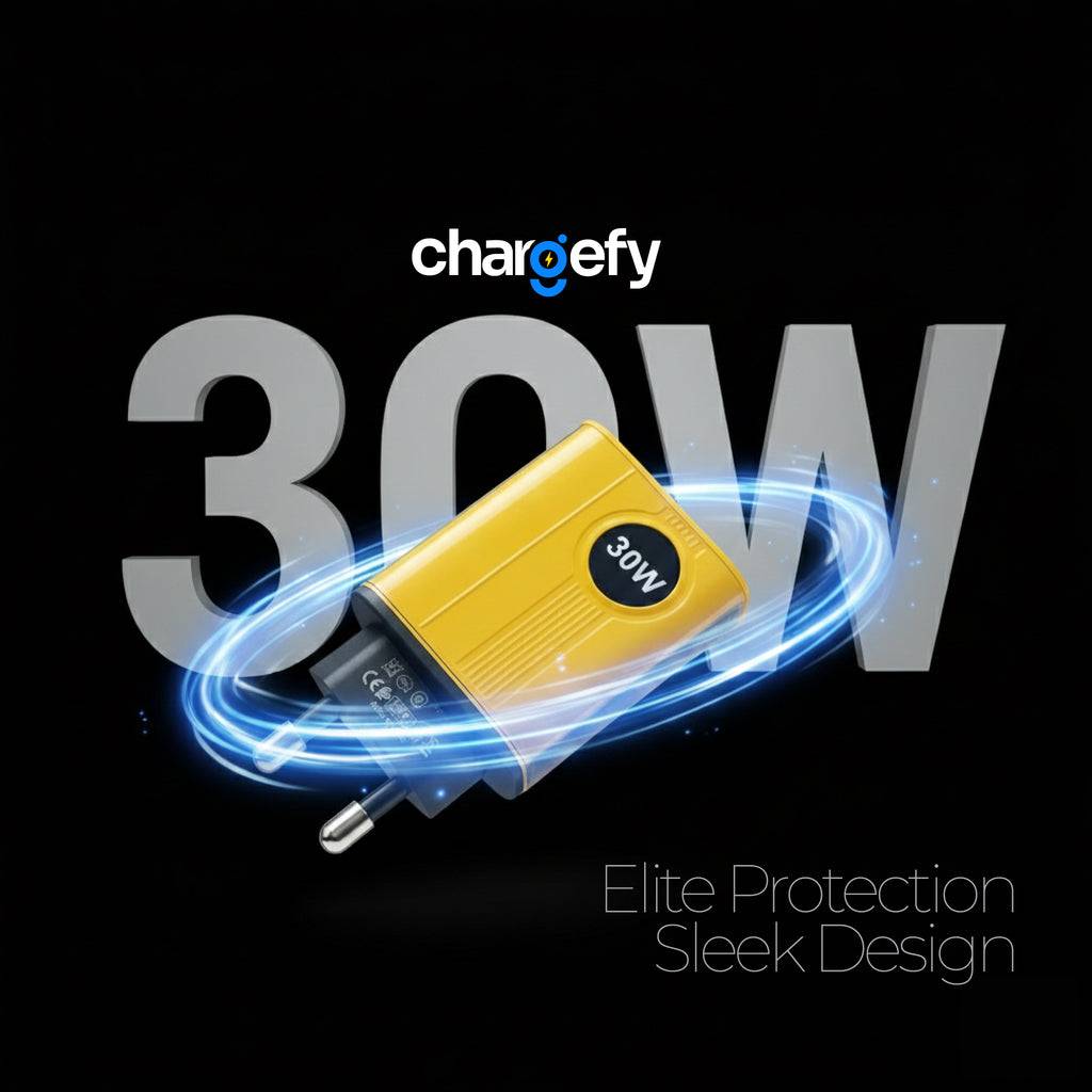 Yellow charger with '30W' label and 'chargefy' branding on a black background