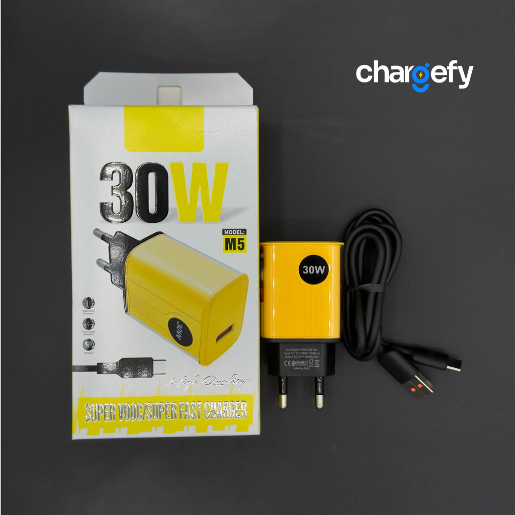 Yellow 30W charger with packaging and cables on a dark background, featuring the Chargefy brand.