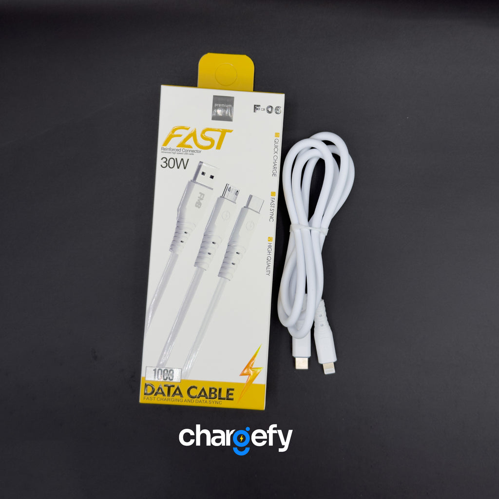 White data cable with packaging labeled 'FAST' on a dark background