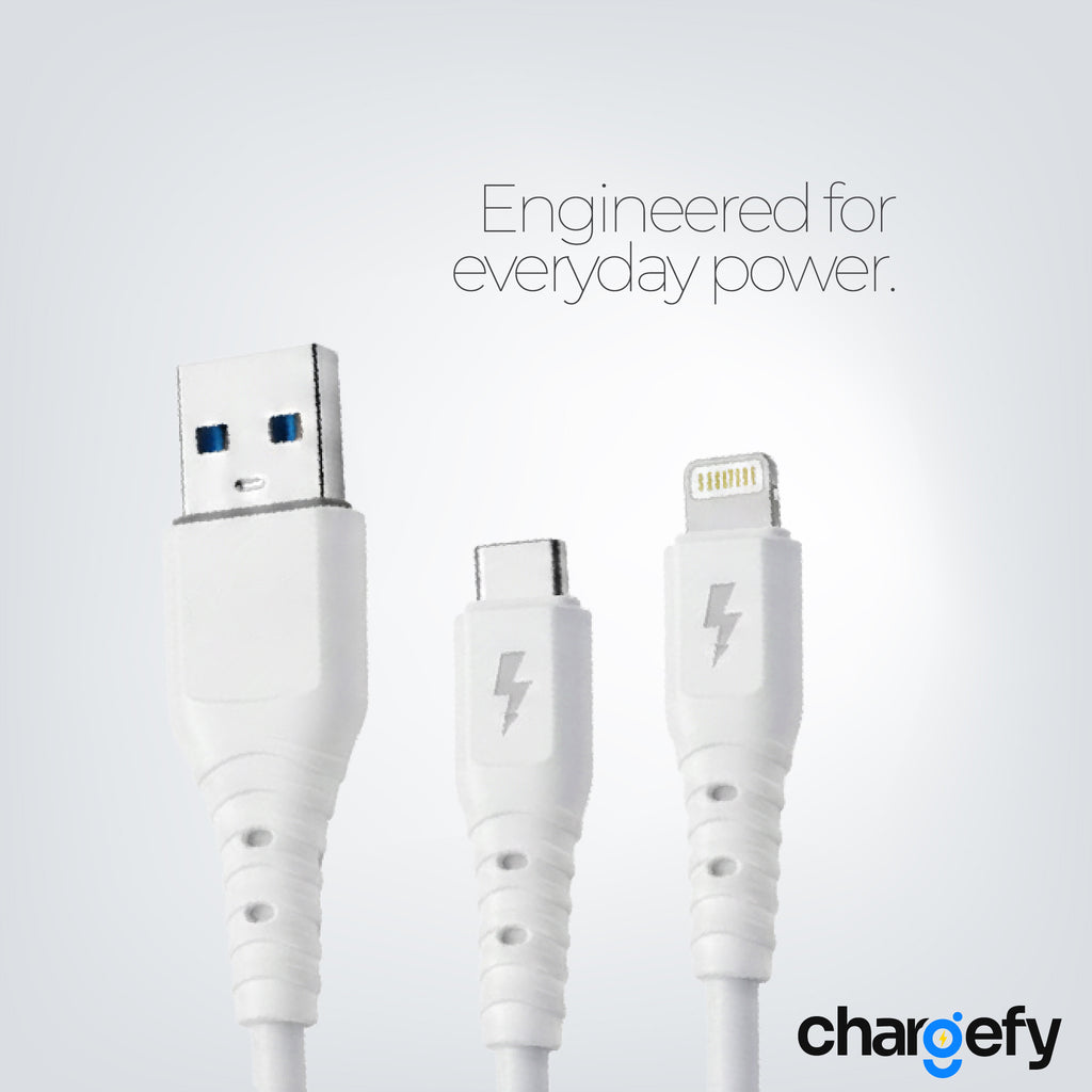 Three white charging cables with different connectors on a light gray background, featuring the Chargefy brand.