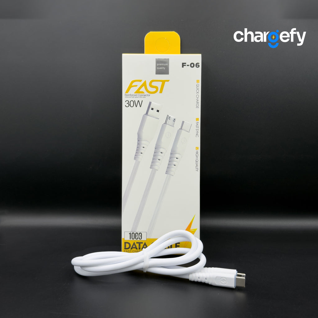 White charging cable with packaging labeled 'FAST' and 'chargefy' on a dark background