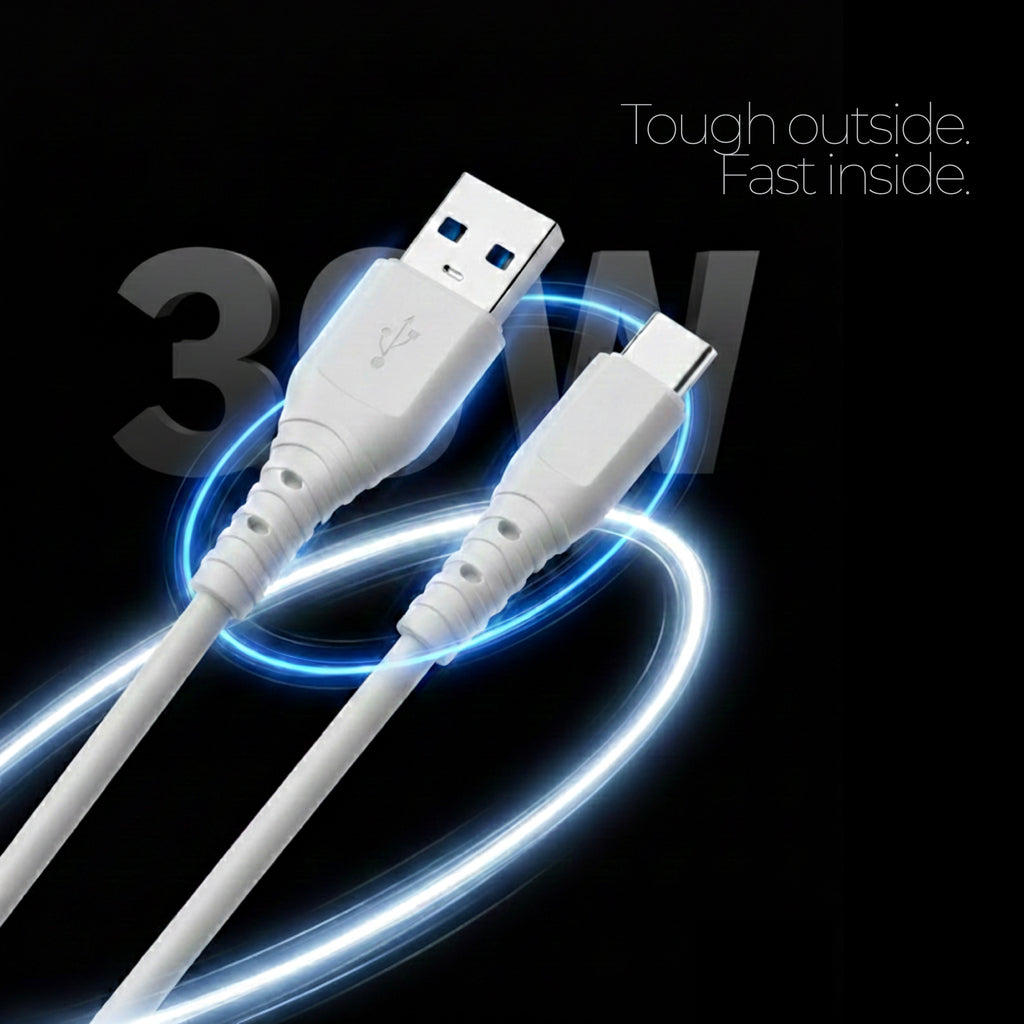 White USB cable with connectors on a black background, featuring the text 'Tough outside, Fast inside' and '30W'.