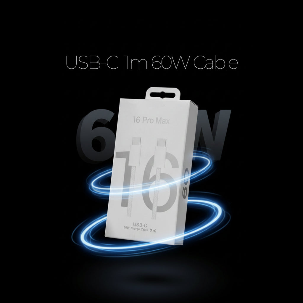 USB-C cable packaging with glowing blue effect on a black background