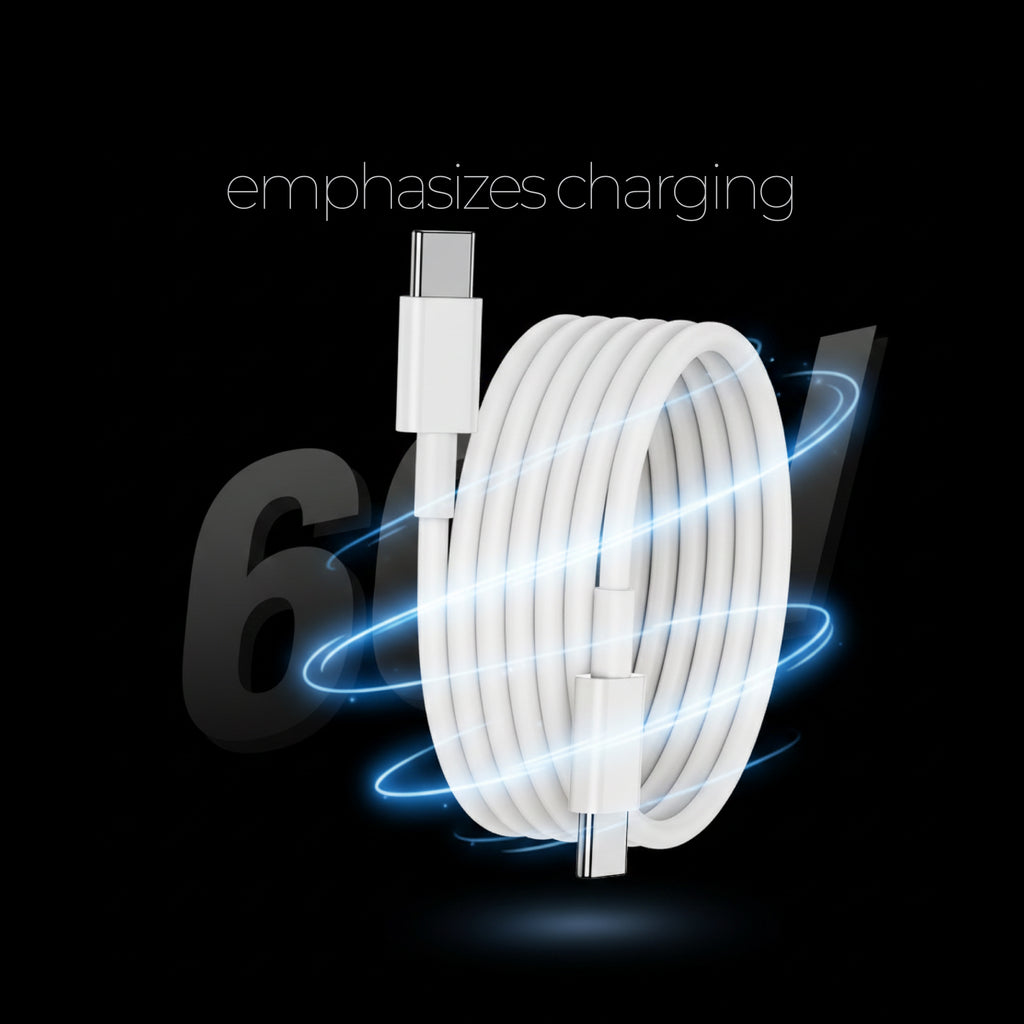 White charging cable coiled on a black background with glowing effects