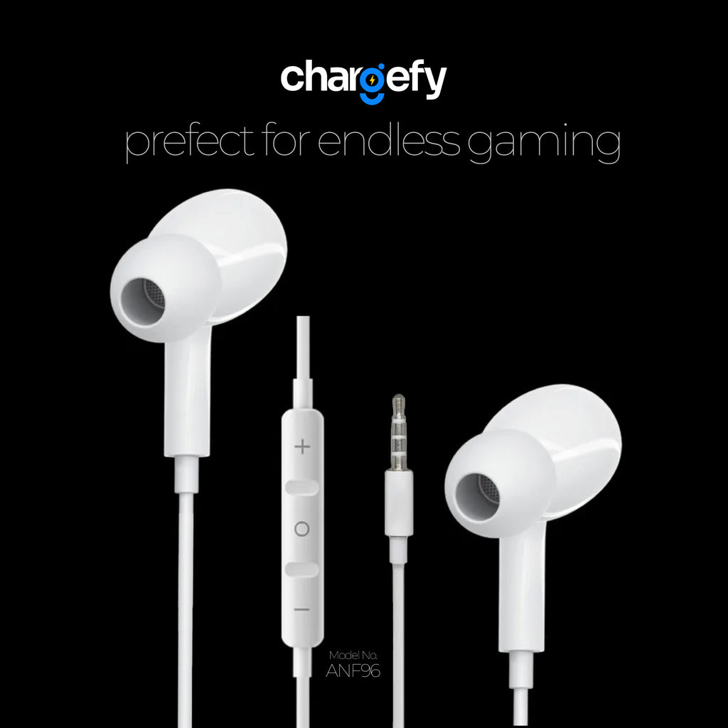 White earphones with control panel on a black background, featuring the Chargefy brand.