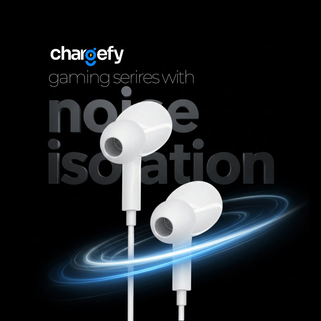 White gaming earphones with 'chargefy' branding on a black background