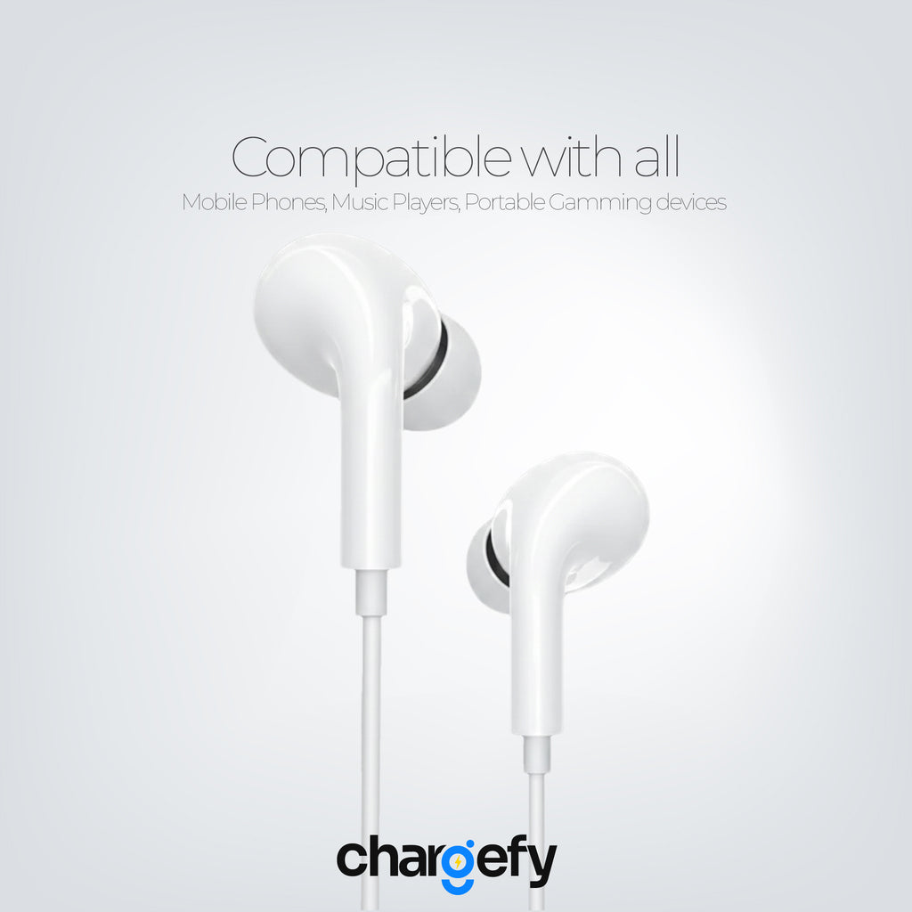 White earphones with 'chargefy' branding on a light gray background