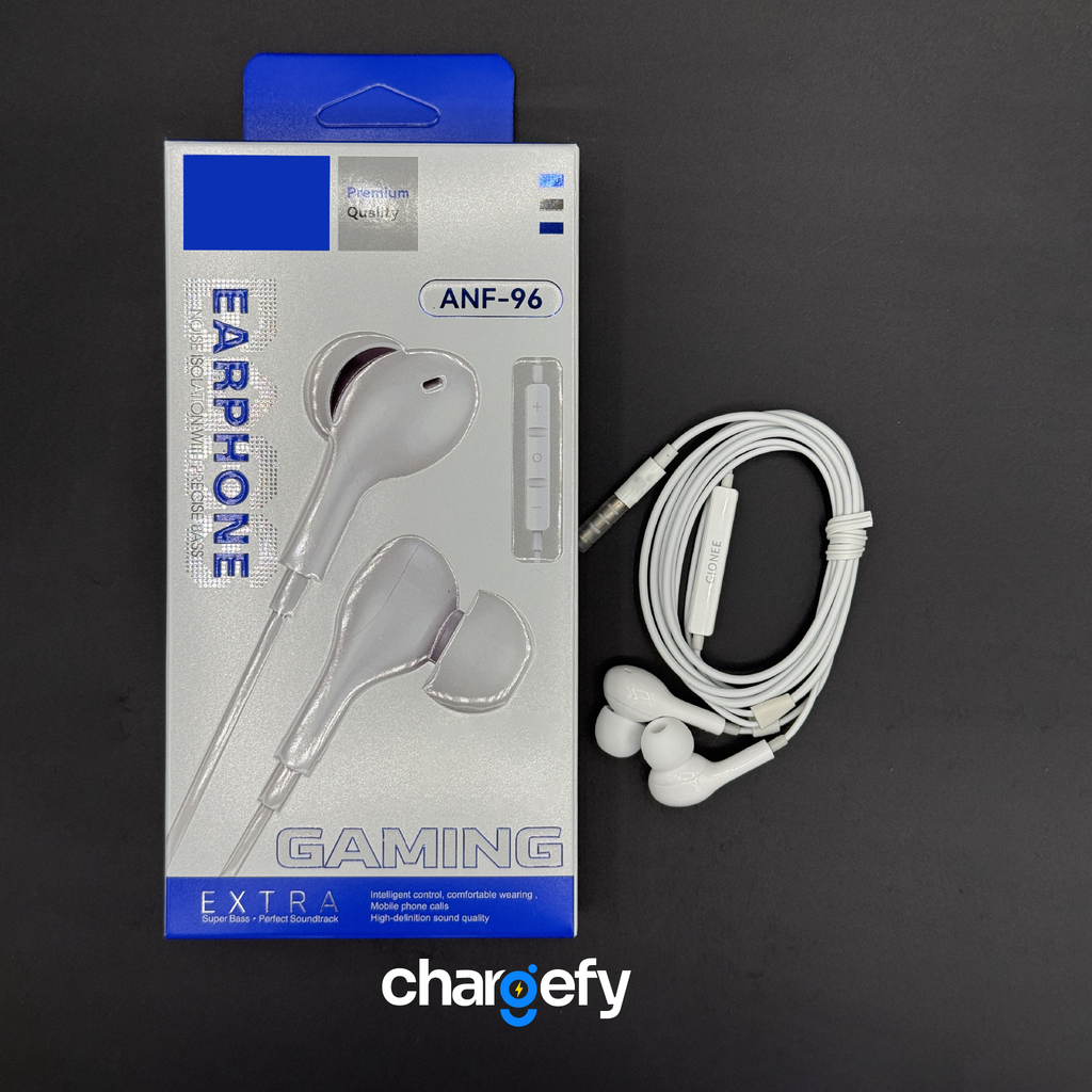 Gaming earphones with packaging and 'chargefy' branding on a dark background