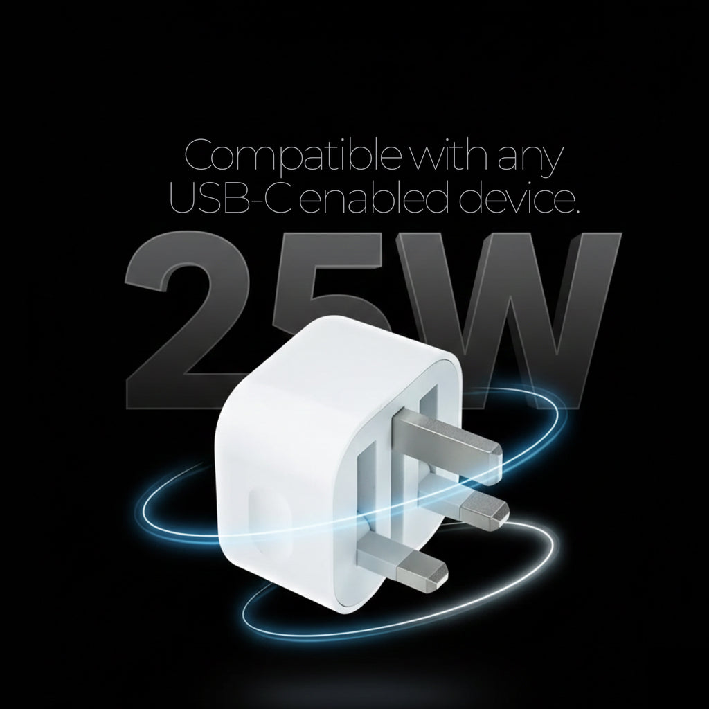 White USB-C adapter with '25W' text on a black background