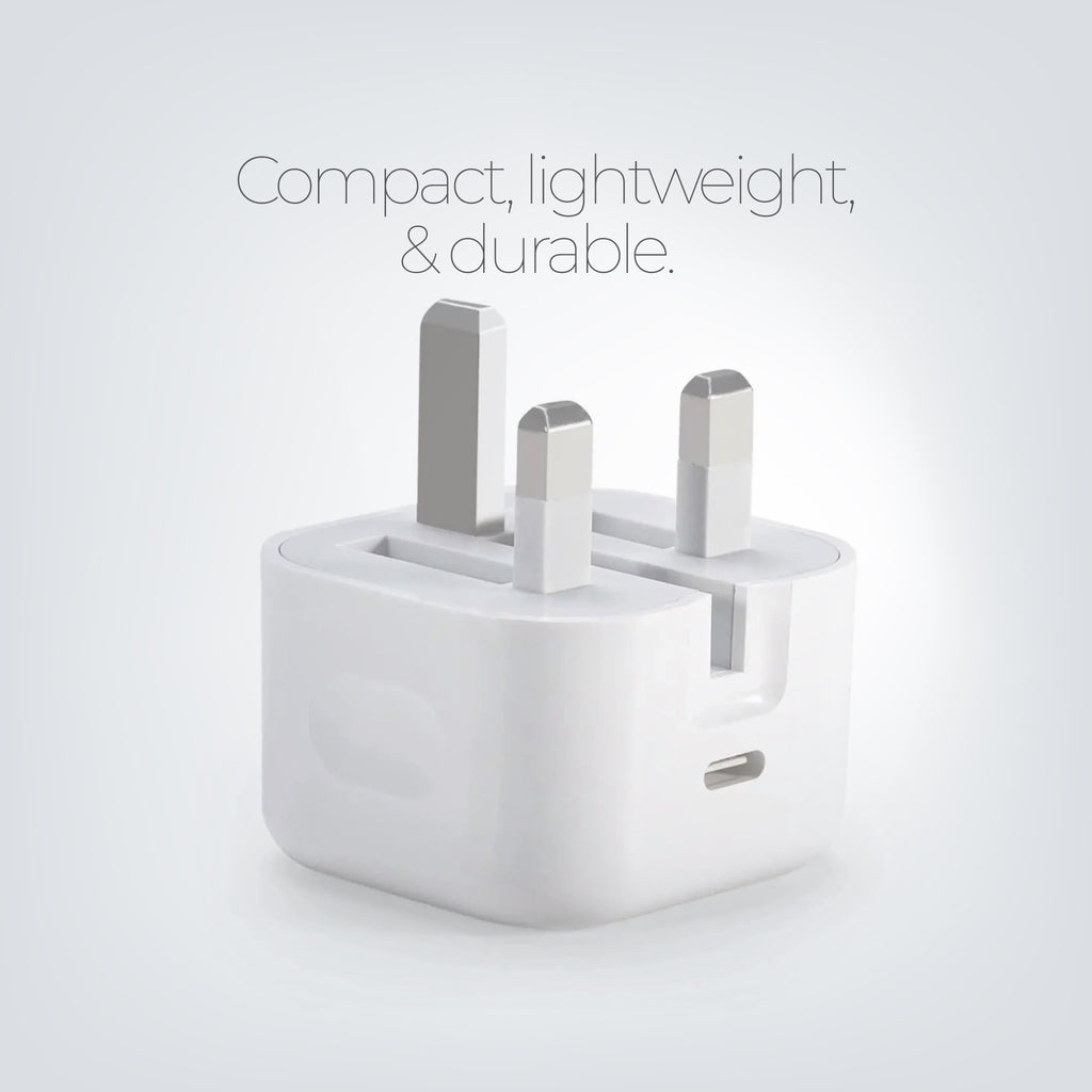 White plug adapter on a light gray background with text 'Compact, lightweight, & durable.'