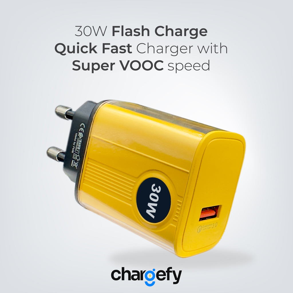 Yellow fast charger with text on a gray background, featuring the brand 'chargefy'.
