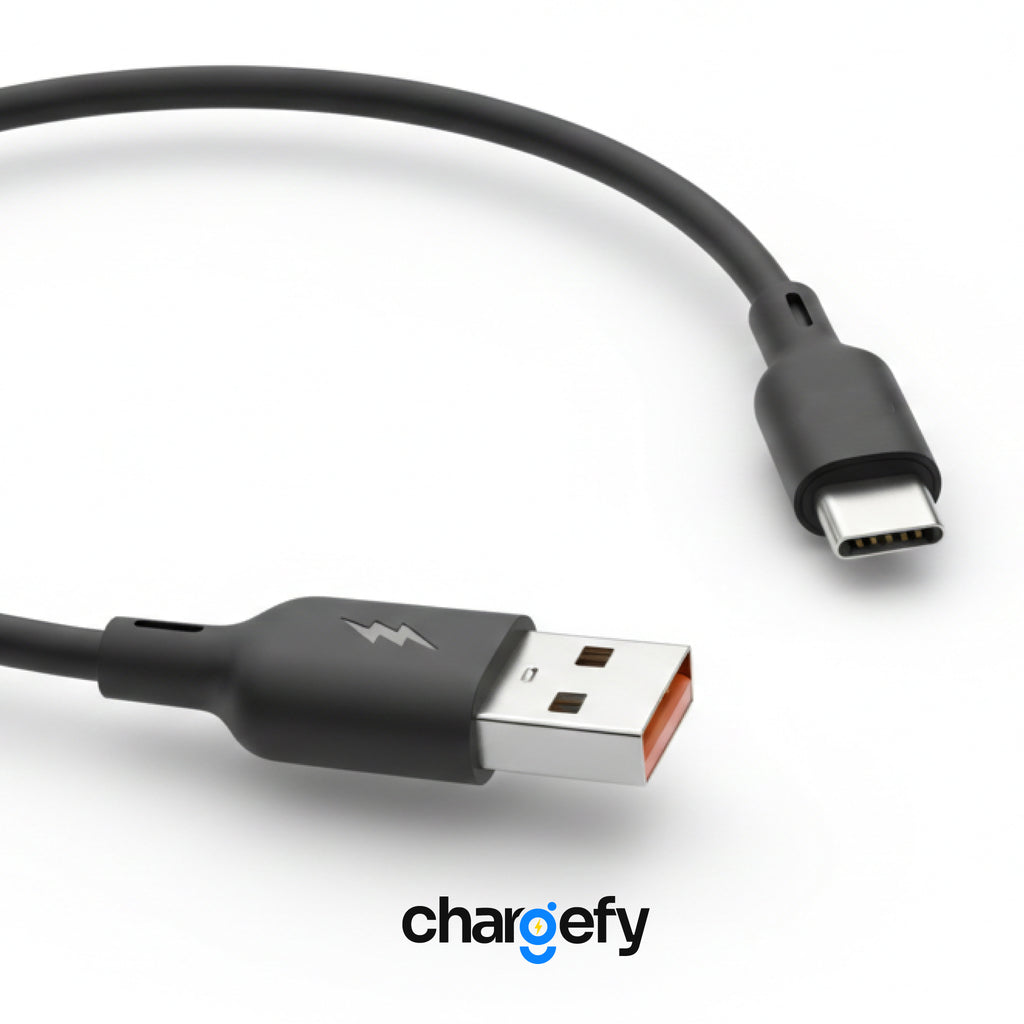 USB cable with Type-C connector on a white background, featuring the Chargefy brand.