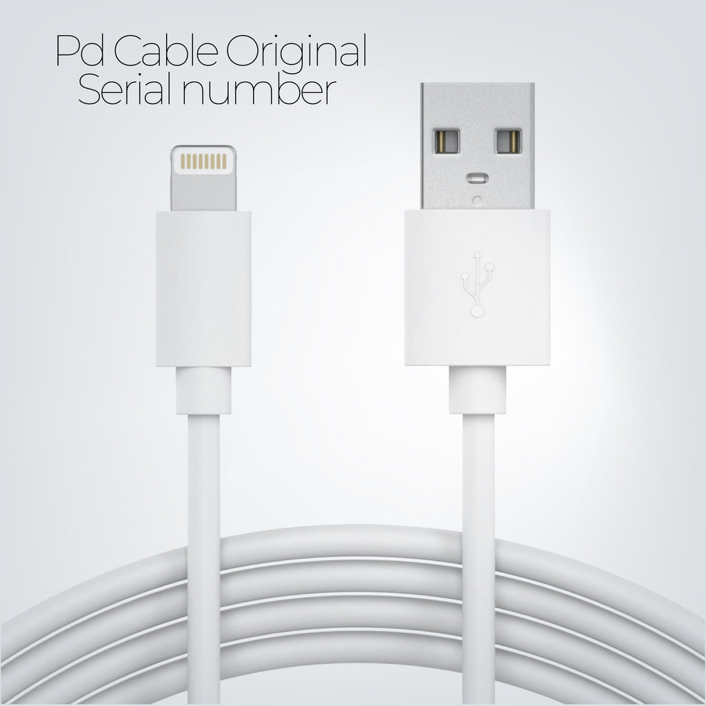 White USB cable with Apple connector on a light gray background