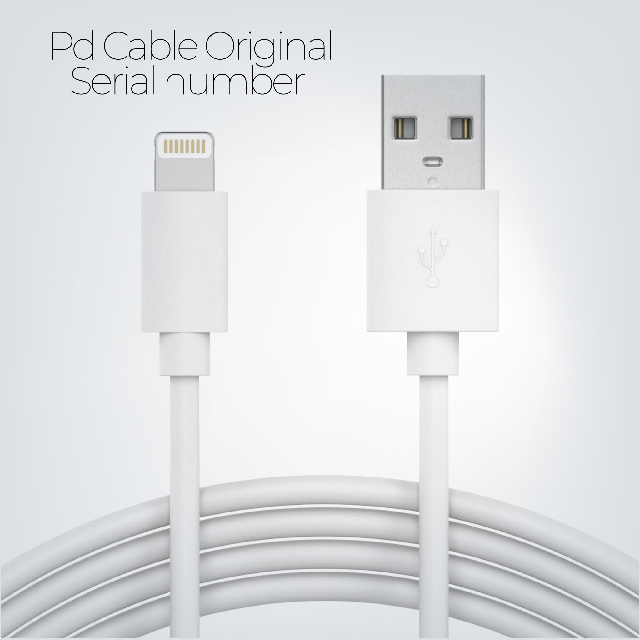 White USB cable with Apple connector on a light gray background
