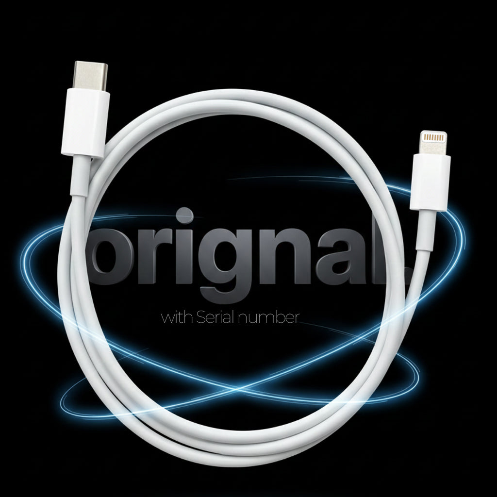 White USB cable with lightning connector on a black background