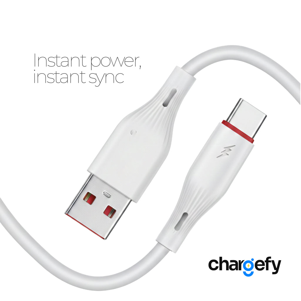 White USB cable with Type-C connector on a white background, featuring the Chargefy brand.