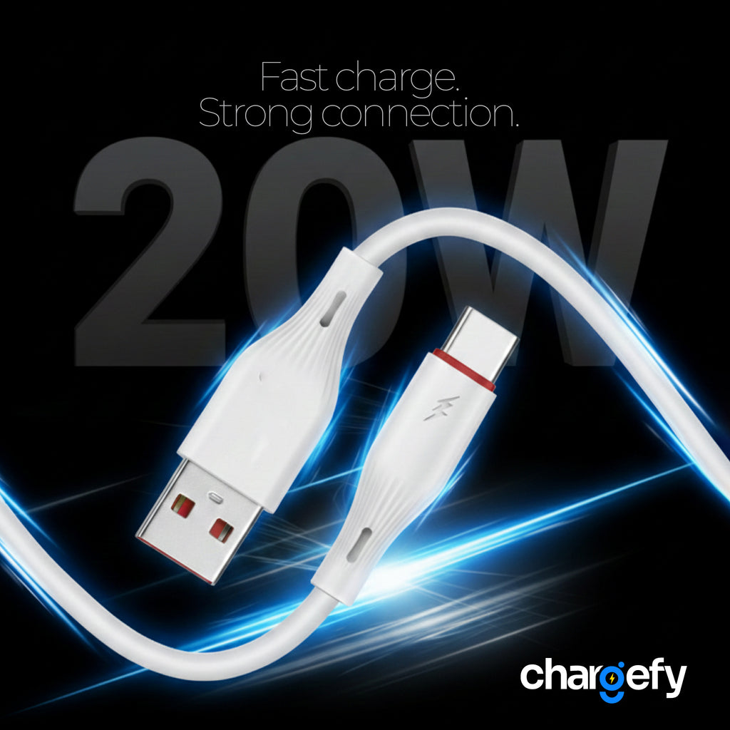 White USB cable with connectors on a black background, featuring the brand 'chargefy'.