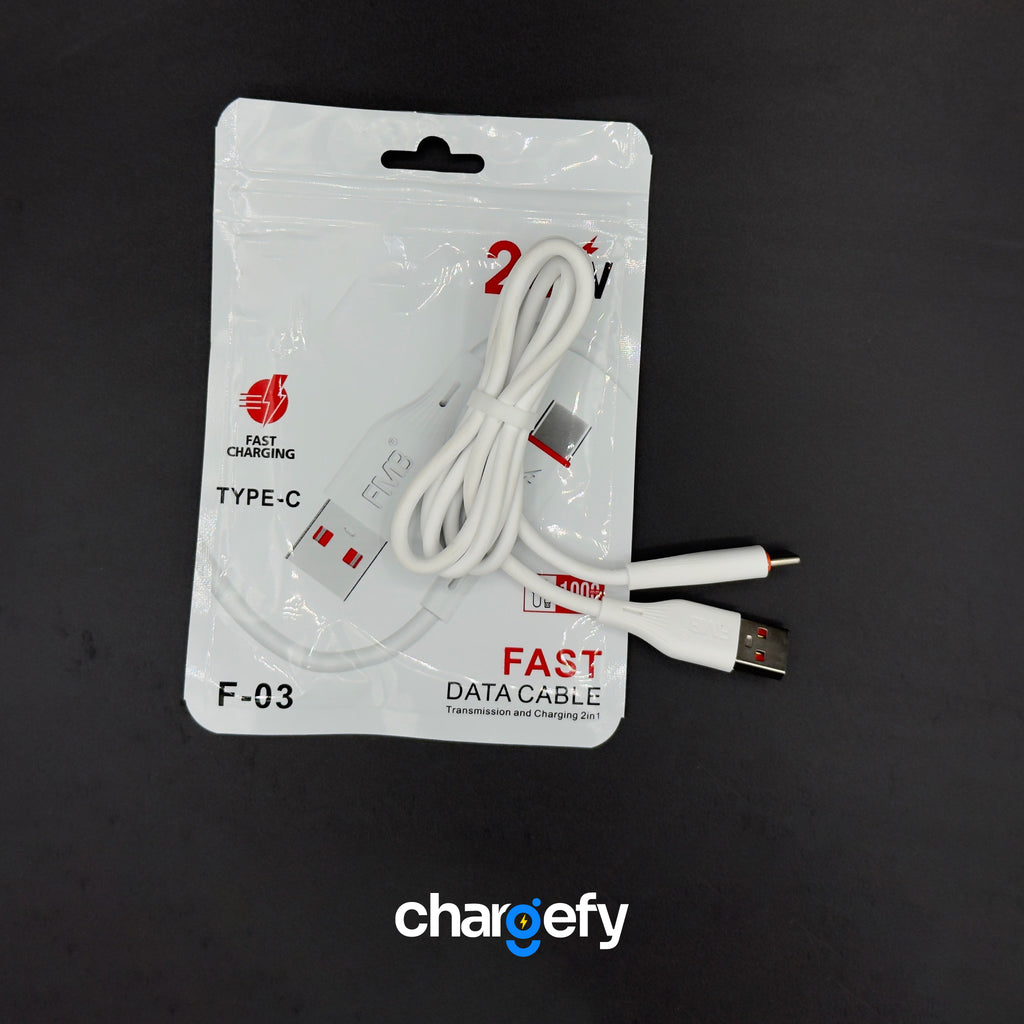 White fast data cable with packaging on a black background, featuring the brand 'chargefy'.