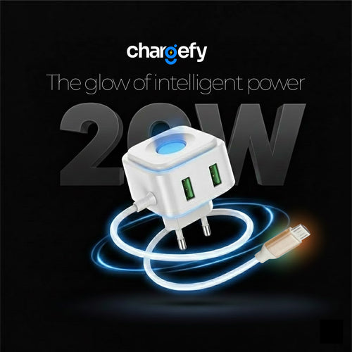 20W power adapter with glowing cable on a black background, featuring the Chargefy brand.