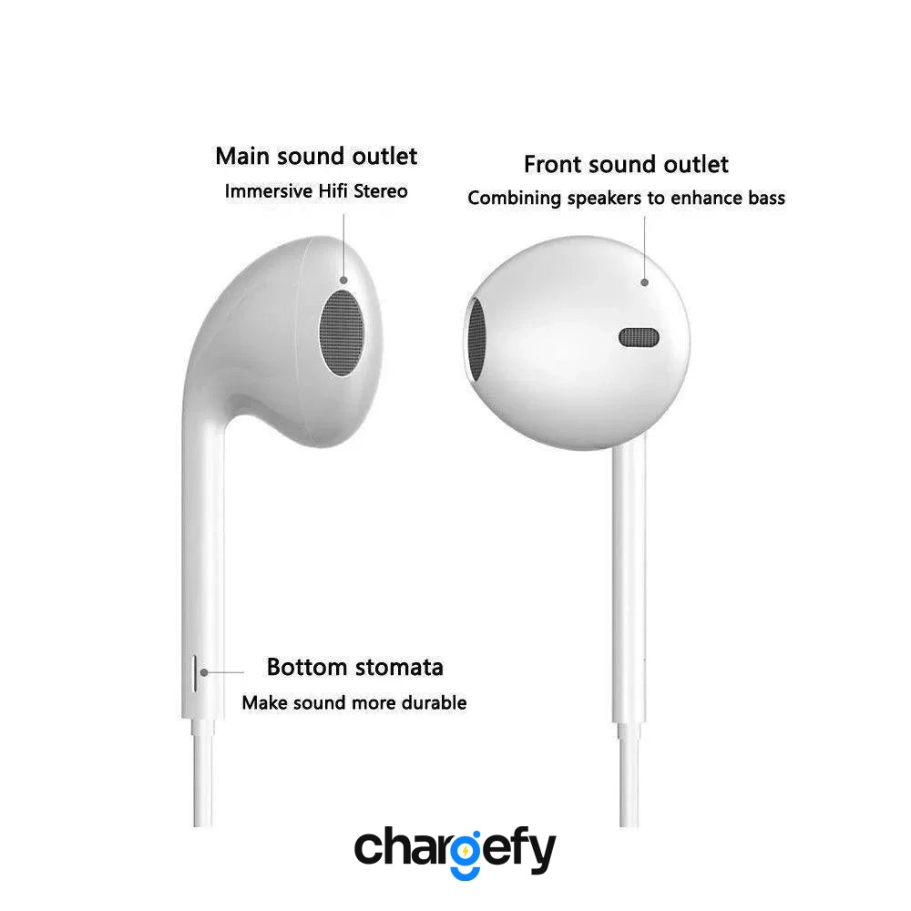 Diagram of earbuds with labeled sound outlets and 'Chargefy' branding.