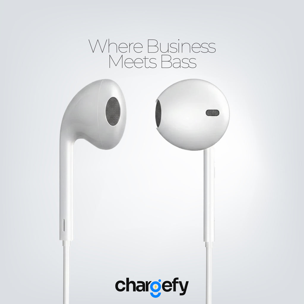 White earphones with 'Chargefy' branding on a light gray background