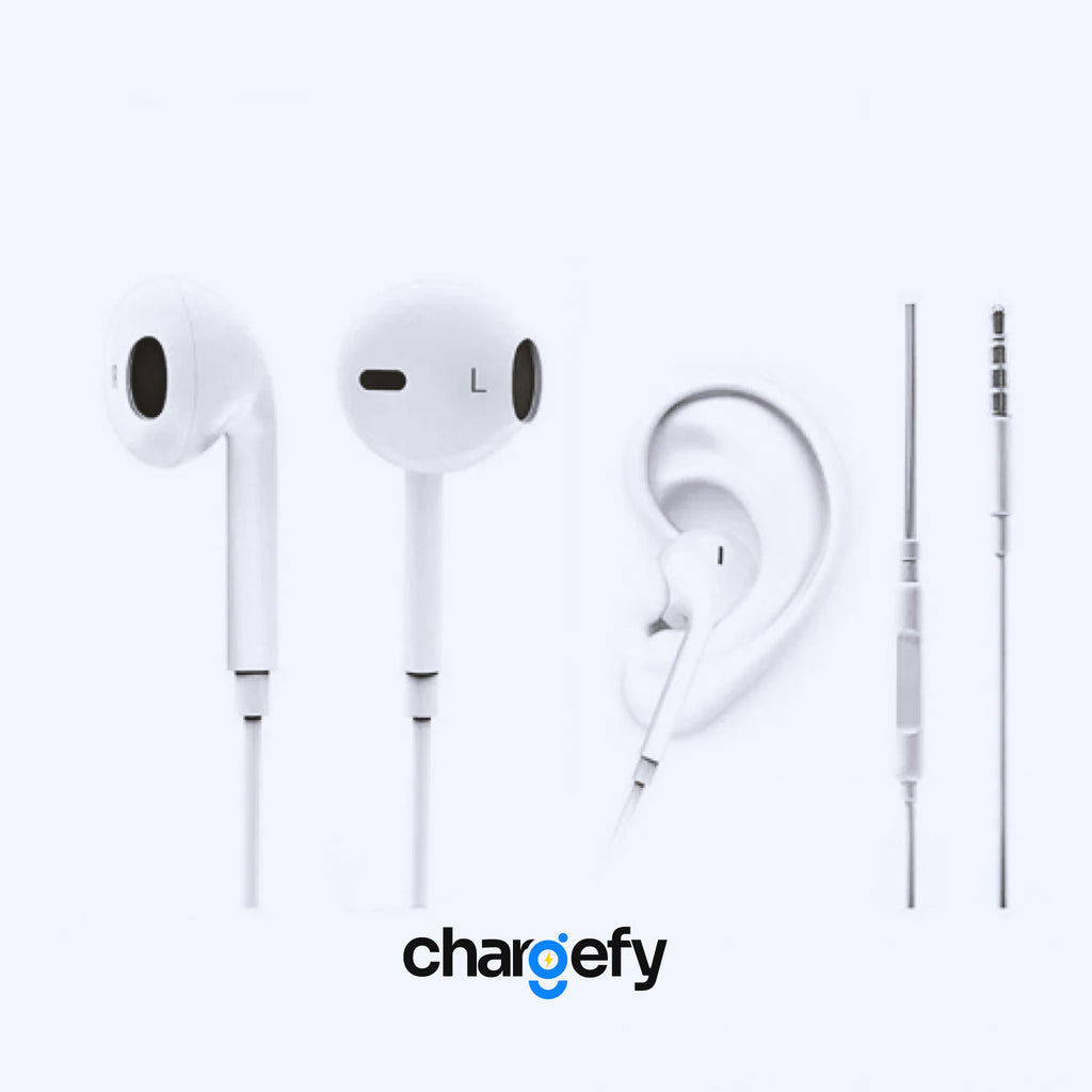 White earphones with a charging cable on a light gray background, featuring the brand 'chargefy'.