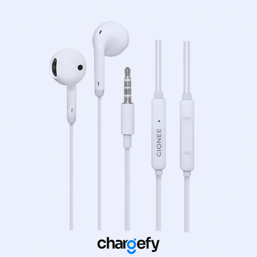 Set of Gionee earphones with various components on a light gray background