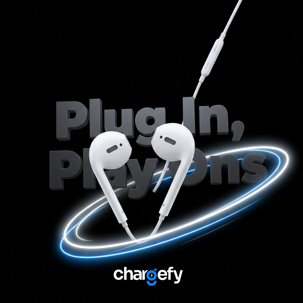 White earbuds with a blue light effect on a black background, featuring the brand 'chargefy'.