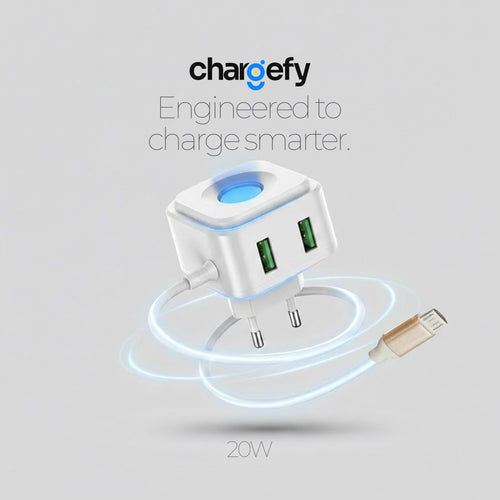 White USB charger with glowing cables on a light gray background, featuring the Chargefy brand.
