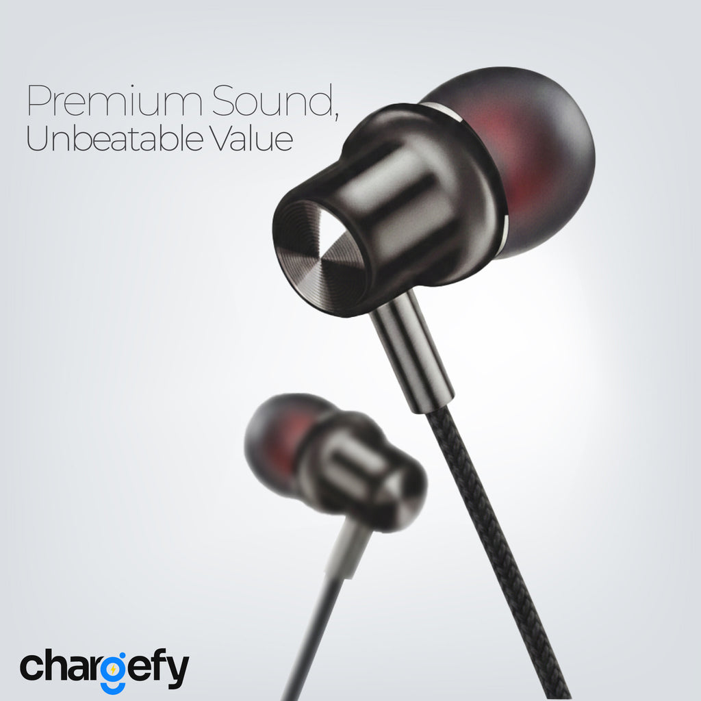 In-ear headphones with 'Premium Sound, Unbeatable Value' text and Chargefy logo on a light gray background.