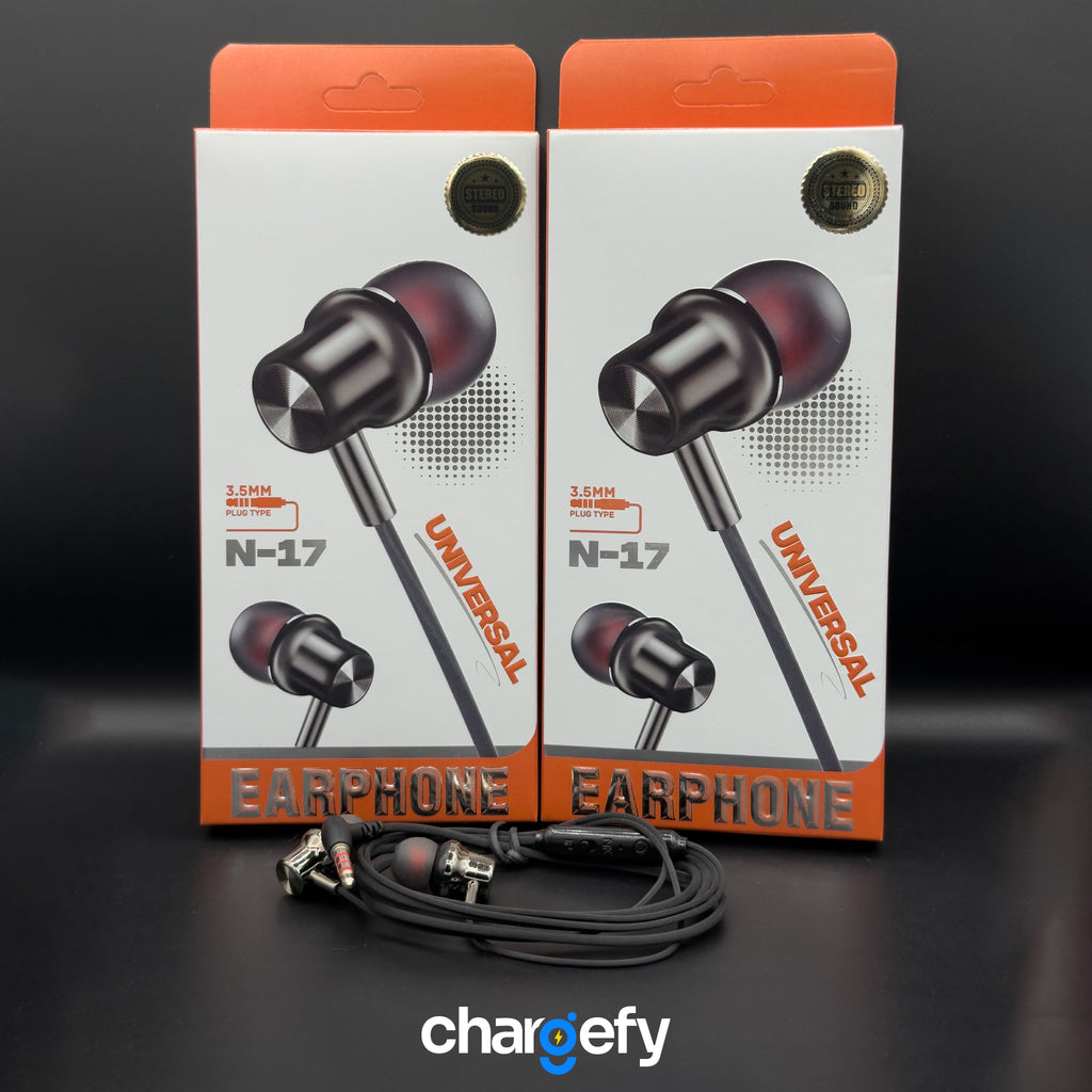 Pair of earphones with their packaging on a dark background, featuring the brand 'chargefy'.