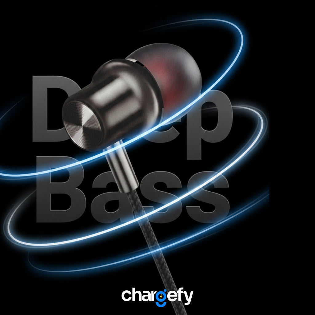 In-ear headphones with 'Deep Bass' text and Chargefy logo on a dark background