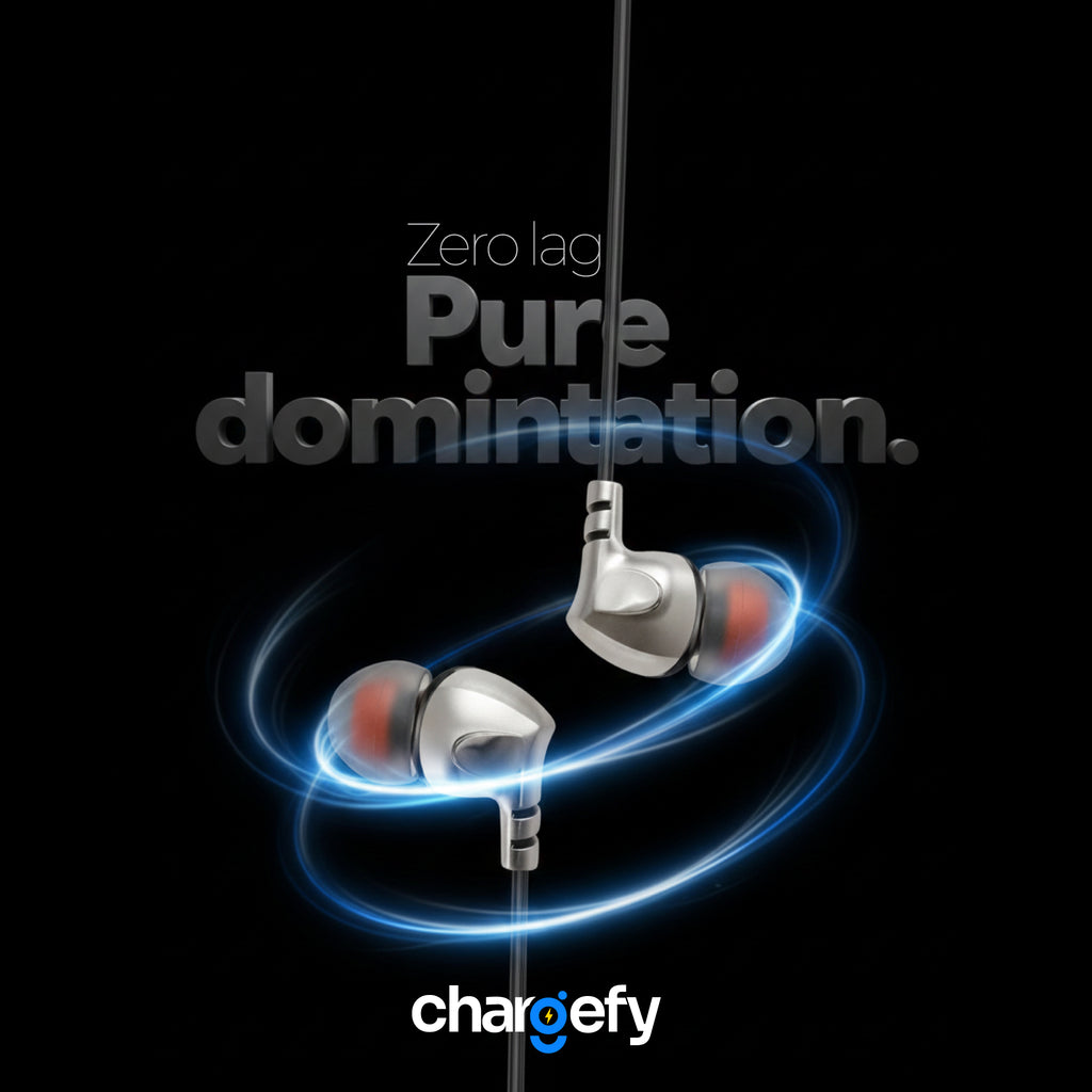 In-ear headphones with 'Zero lag Pure domination' text and Chargefy logo on a dark background