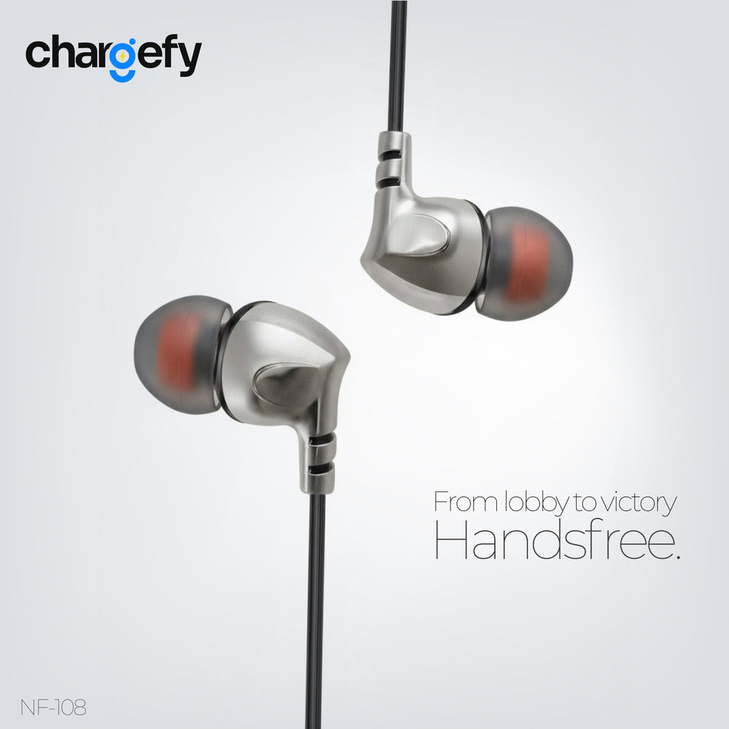 In-ear headphones with 'chargefy' branding on a light gray background