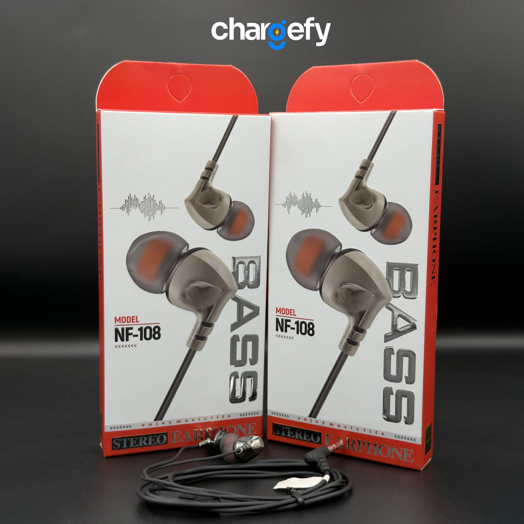 Pair of earphones with their packaging featuring the brand 'chargefy'.